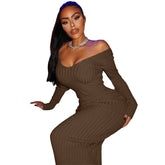 Robe mi-longue en tricot à épaules dénudées Troy - Chocolat